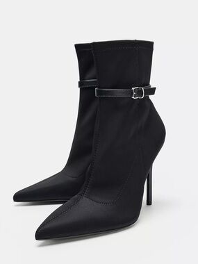 Zara Black Fabric Ankle Boots with Strap Buckle